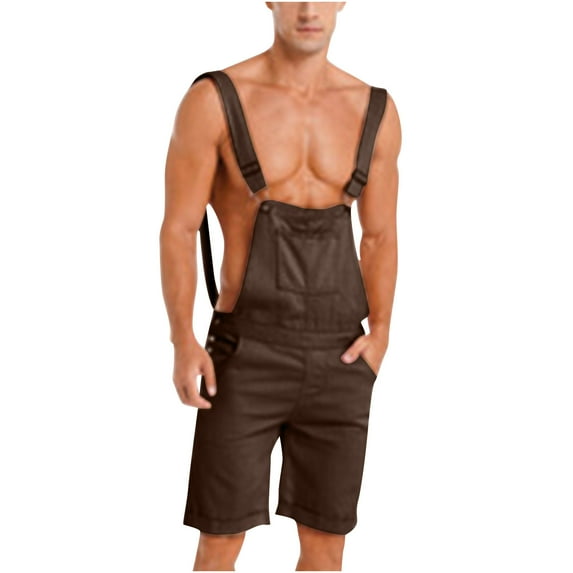 JUUYY Mens Casual Bib Overall Shorts Lightweight Polyester Loose Fit Denim Jumpersuit Walkshort Pockets Rompers Brown L
