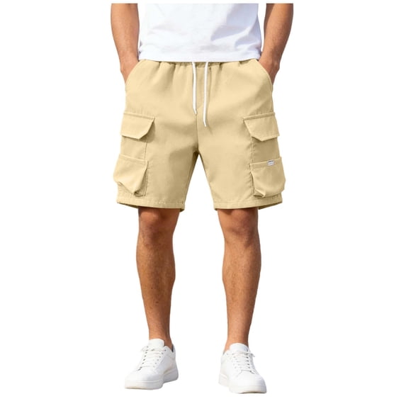 JUUYY Mens Casual Cargo Shorts Stretch Classic Drawstring Elastic Waist Summer Work Shorts Outdoor Hiking Shorts with Multi-Pockets Khaki L