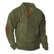 JUUYY Mens Casual Corduroy Henley Shirts Elbow Patches Long Sleeve Button up Pullover Sweatshirts Lapel Stand Collar Waffle Thermal Sweater Tops Army Green M