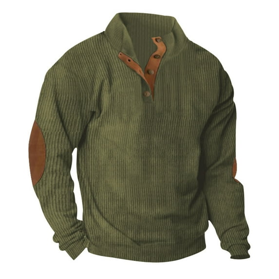 JUUYY Mens Casual Corduroy Henley Shirts Elbow Patches Long Sleeve Button up Pullover Sweatshirts Lapel Stand Collar Waffle Thermal Sweater Tops Army Green XL
