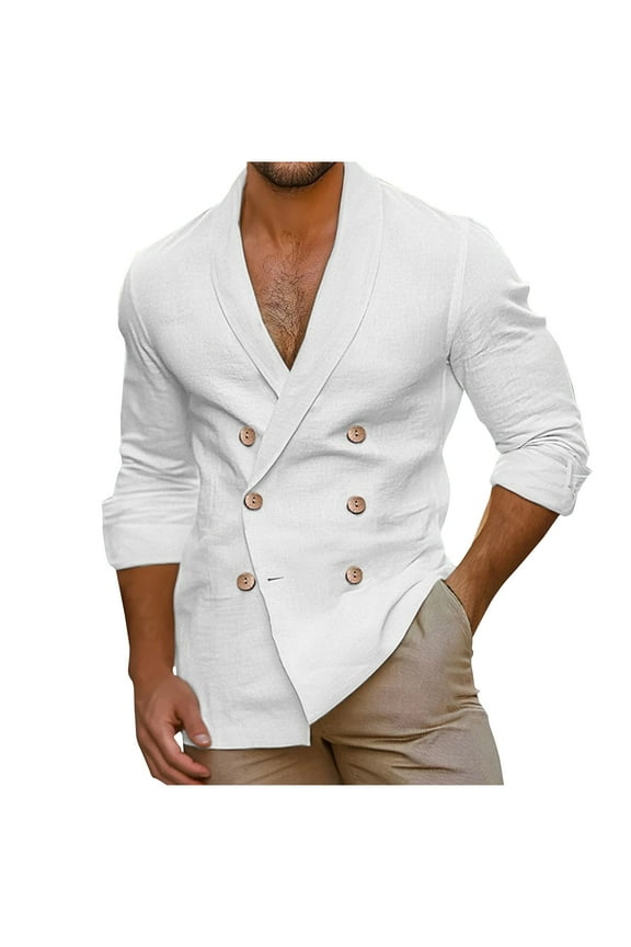 Mens Casual Double Breast Blazer Suit Jackets Lightweight V Neck Linen Work Jackets Three Button Slim Fit Sport Coats White XL