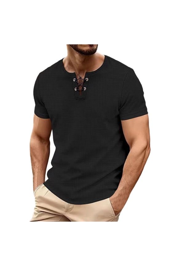 Mens Casual T-Shirts Cross Lace-Up V Neck Summer Shirt Short Sleeve Loose Fit Lightweight Basic Tees Vacation Shirts Tops Black M