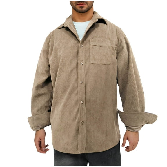 JUUYY Mens Corduroy Shirts Button Down Pockets Fashionable Long Sleeve Lapel Shirt Loose Casual Comfort Shirts Khaki XS