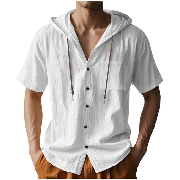 JUUYY Mens Cotton Linen Hooded Short Sleeve Shirts Button Down Relaxed Fit Drawstring Breathable Summer Casual Beach Shirt Blouses White L