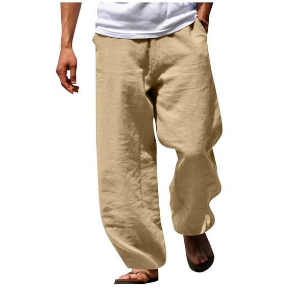JUUYY Mens Cotton Linen Pants Loose Fit Straight Leg Casual Beach Pants Wide Leg Drawstring Elastic Waist Baggy Trousers with Pockets Beige XL