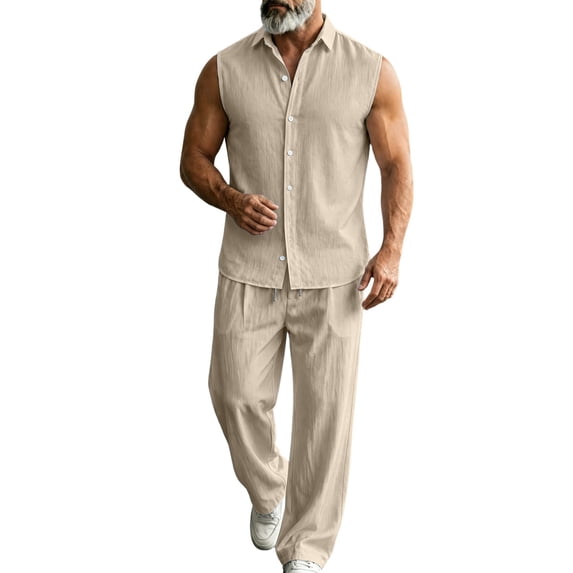 JUUYY Mens Cotton Linen Sets 2 Piece Outfits Sleeveless Button Down Shirt and Pants Set Casual Loose Vacation Summer Beach Outfit Khaki L