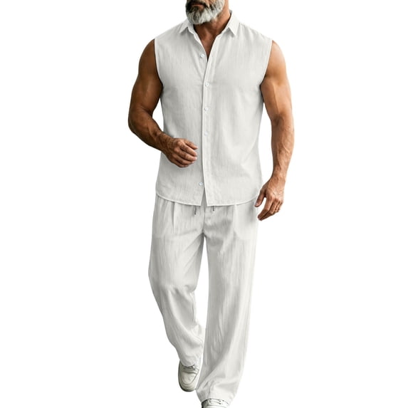 JUUYY Mens Cotton Linen Sets 2 Piece Outfits Sleeveless Button Down Shirt and Pants Set Casual Loose Vacation Summer Beach Outfit White XXL