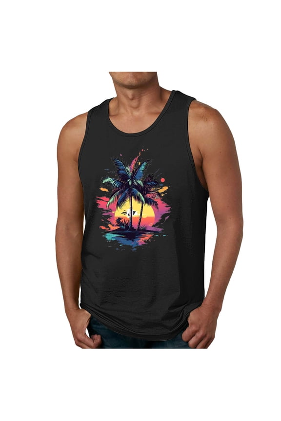 Mens Cotton Sleeveless Tank Tops Workout Gym Muscle Shirts Palm Tree Tropical Hawaiian Summer Beach T Shirts Black S