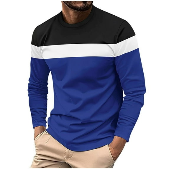 JUUYY Mens Crewneck Base T-shirt Patchwork Casual Long Sleeve Shirts Blouse Sports Fitness Pullover Tops Blue XL