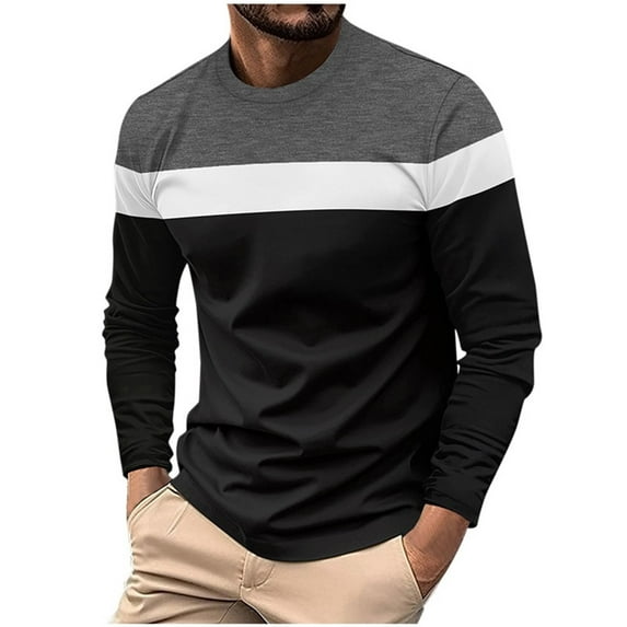 JUUYY Mens Crewneck Base T-shirt Patchwork Casual Long Sleeve Shirts Blouse Sports Fitness Pullover Tops Dark Gray S