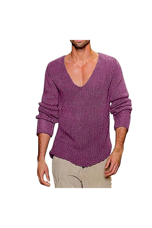 Mens Deep V Neck Sweater Slim Fit Lightweight Knitted Pullover Stylish Sweater Muscle Long Sleeve Low Cut Vneck Tee Purple XXL