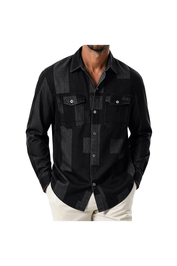 Mens Denim Shirts Button Down Lightweight Fall Casual Relaxed Fit Lapel Collared Long Sleeve Shirt Jacket with Flap Pockets Black M