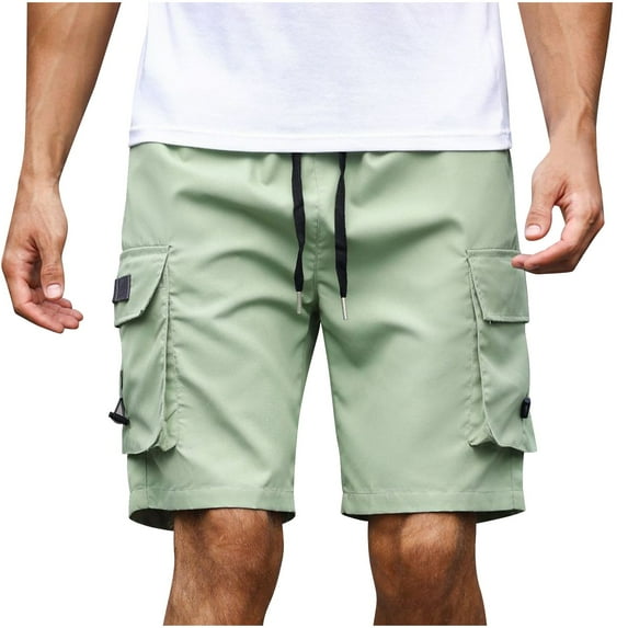 JUUYY Mens Drawstring Shorts Casual Solid Color Knee Length Cargo Pants with Multi Pocket Elastic Waist Shorts Green S