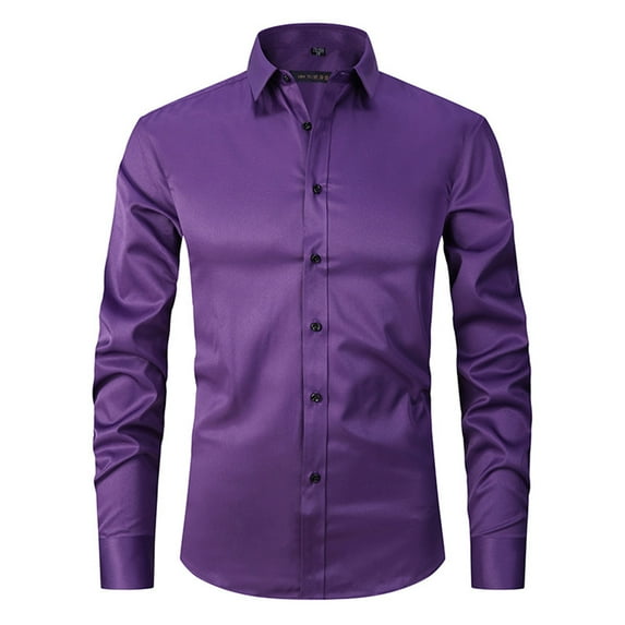 JUUYY Mens Dress Shirts Long Sleeve Formal Casual Business Shirts Regular Fit Wedding Work Shirt Solid Color Satin Stretch Shirt Purple M