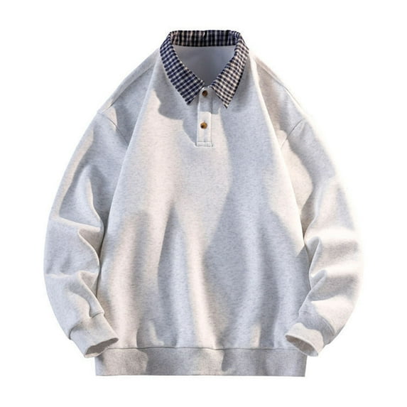 JUUYY Mens Fake Two Pieces Oversized Sweatshirt Vintage Plaid Collar Button Plus Size Long Sleeve Loose Casual Pullover Sweatshirt Tops White XXXXXL
