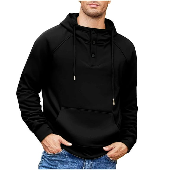 JUUYY Mens Fall Hoodies Pullover Casual Quarter Button Long Sleeve Raglan Loose Workout Athletic Hooded Sweatshirt with Pocket Black XXL