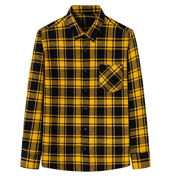 JUUYY Mens Flannel Shirt Long Sleeve Plaid Flannel Shirt for Men Soft 100% Cotton Casual Button Down Shirts Regular Fit Yellow XXXL