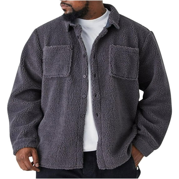 JUUYY Mens Fuzzy Sherpa Jacket Fleece Long Sleeve Button Down Coat Fall Winter Warm Outwear Gray L