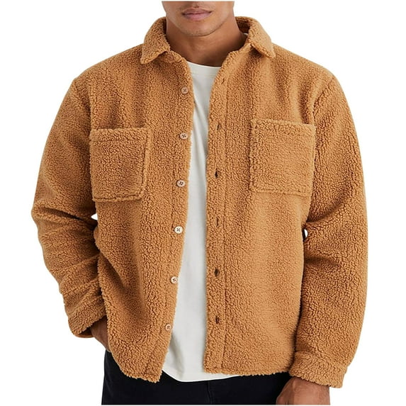 JUUYY Mens Fuzzy Sherpa Jacket Fleece Long Sleeve Button Down Coat Fall Winter Warm Outwear Yellow L