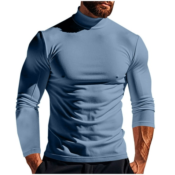 JUUYY Mens Half Turtleneck T-Shirt Long Sleeve Mock Neck Stretch Slim Fit Solid Color Basic Undershirt Pullover Workout Muscle Tops Light Blue S