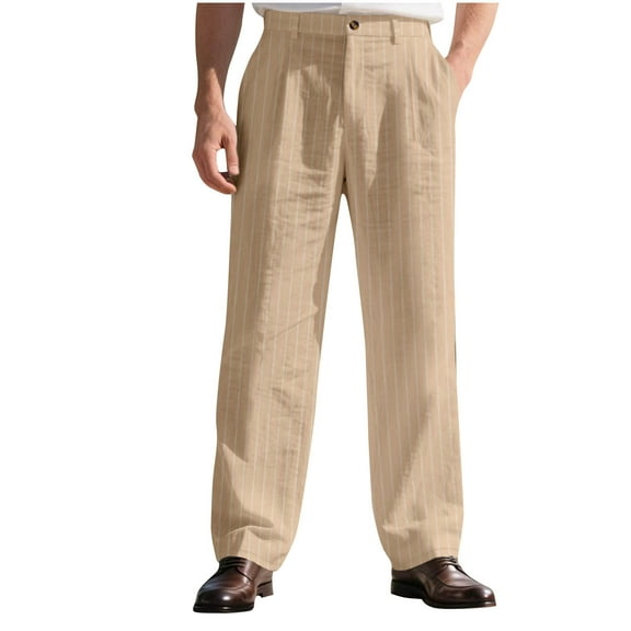 JUUYY Mens Linen Pants Striped Casual Regular Fit Button Waist Straight Leg Business Pants Office Work Daily Pants with Pocket Khaki M