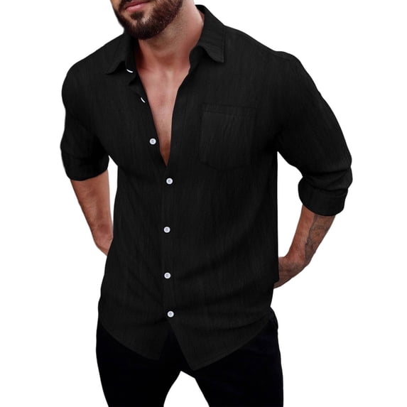 JUUYY Mens Linen Shirt Casual Long Sleeve Button Down Shirts Lapel Collar Pocket Solid Color Relaxed Fit Vacation Beach Shirt Tops Black M