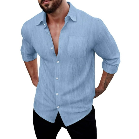 JUUYY Mens Linen Shirt Casual Long Sleeve Button Down Shirts Lapel Collar Pocket Solid Color Relaxed Fit Vacation Beach Shirt Tops Sky Blue XXXL