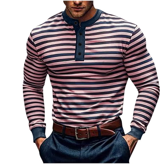 JUUYY Mens Long Sleeve Henley Shirts Color Block Striped Button up Base Tee Shirts Fall Fashion Crew Neck Slim Fit Tops Navy XXL
