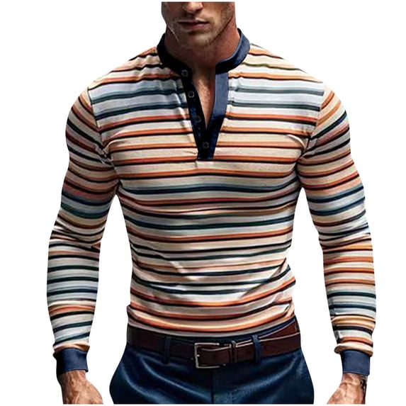 JUUYY Mens Long Sleeve Henley Shirts Color Block Striped Button up Base Tee Shirts Fall Fashion Crew Neck Slim Fit Tops Orange XL