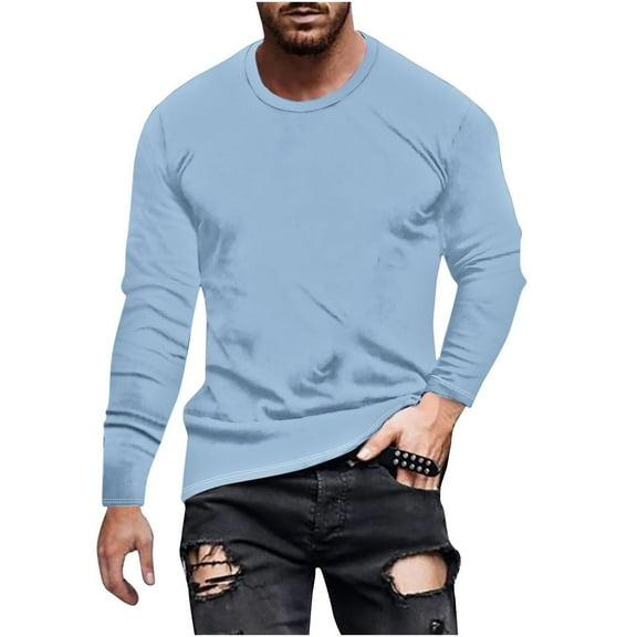 JUUYY Mens Long Sleeve Round Neck T-Shirt Casual Solid Color Regular Fit Tee Shirt Blouse Top Athletic T-shirts Sky Blue XXXXL