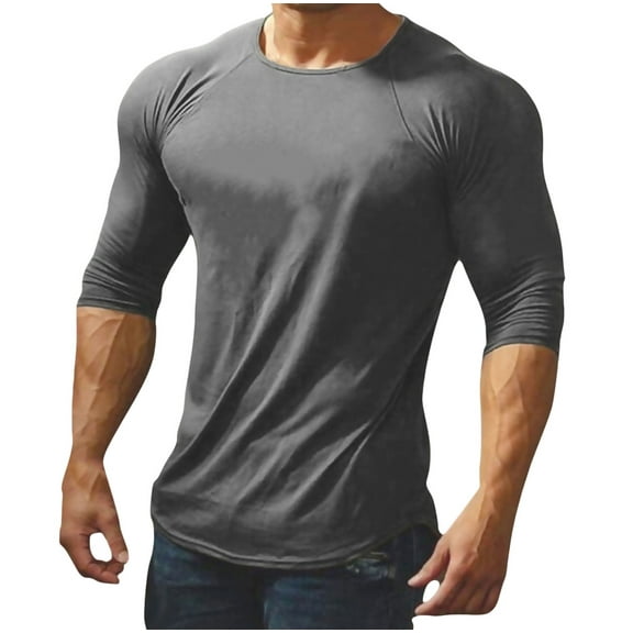 JUUYY Mens Long Sleeve Tee Shirts Casual Stretch Slim Fit Raglan Sleeve Crewneck T-Shirts Plain Basic Athletic Muscle Tshirt Tops Gray XXL