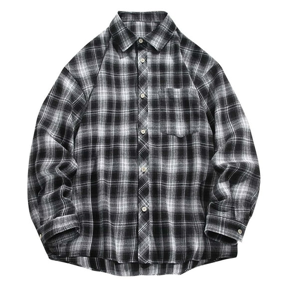 JUUYY Mens Oversized Plaid Shirt Retro Style Lapel Long Sleeve Shirt Loose Casual Button Down Shirts Relaxed Fit Black XXXXXL