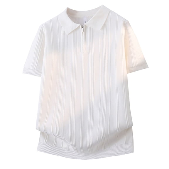 JUUYY Mens Quarter Zip Shirts Short Sleeve Ribbed Knit Lightweight T-Shirts Textured Breathable Loose Summer Collared Golf Shirt Tops White XL