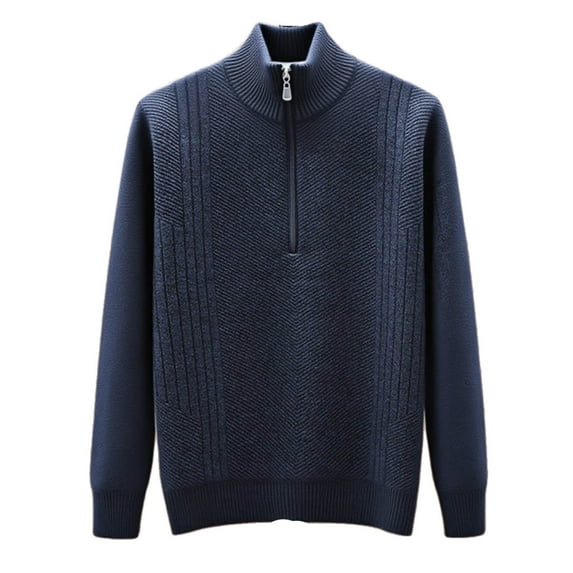 JUUYY Mens Quarter Zip Sweater Loose Mock Neck Long Sleeve Sweaters Casual 1/4 Zipper Warm Thickened Winter Pullover Sweater Tops Dark Blue L