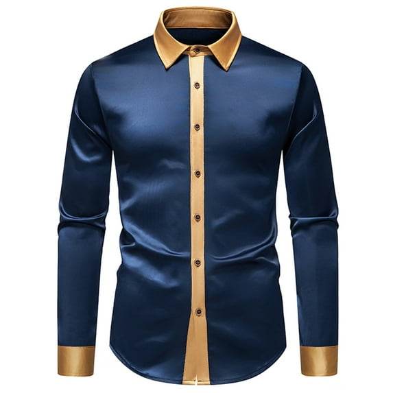 JUUYY Mens Satin Silky Long Sleeve Shirt Slim Fit Patchwork Shirts Wrinkle-Free Button Collared Formal Shirt Navy#1 XL