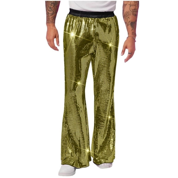 JUUYY Mens Sequin Disco Pants Elastic Waist Shiny Bell Bottom Pants Vintage Stylish Sparkle Club Party Flared Pants Gold L
