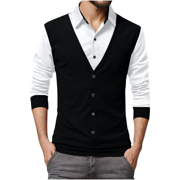 JUUYY Mens Shirts Fashion Fake Two-Piece Vest Shirts Dress Business Suit Long Sleeve Undershirts Fall Casual Tops Loose Fit Black XXXL