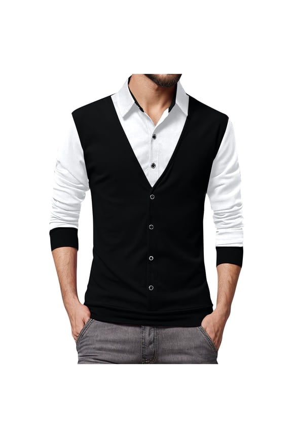 Mens Shirts Fashion Fake Two-Piece Vest Shirts Dress Business Suit Long Sleeve Undershirts Fall Casual Tops Loose Fit Black XXXXXL