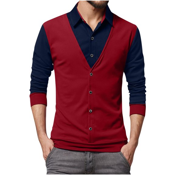 JUUYY Mens Shirts Fashion Fake Two-Piece Vest Shirts Dress Business Suit Long Sleeve Undershirts Fall Casual Tops Loose Fit Red XXXL