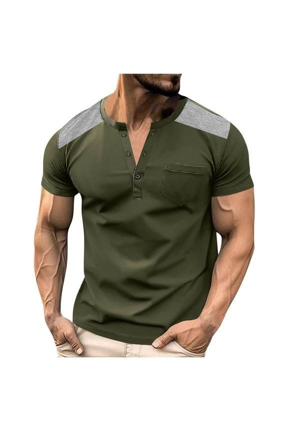 Mens Short Sleeve Henley Shirts Casual Breathable Crewneck T-Shirt Raglan Sleeves Summer Button Pocket Tops Army Green XXXL