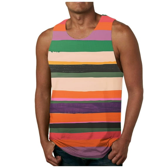 JUUYY Mens Sleeveless Tank Tops Rainbow Stripe Printing T-Shirts Big and Tall Summer Sports Fitness Muscle Tee Shirts Multicolor#5 XXL
