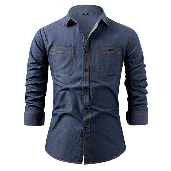 JUUYY Mens Slim Fit Jean Shirts Long Sleeve Button Down Pocket Solid Denim Shirt Top Turndown Collar Blouses Dark Blue#1 XXXXL