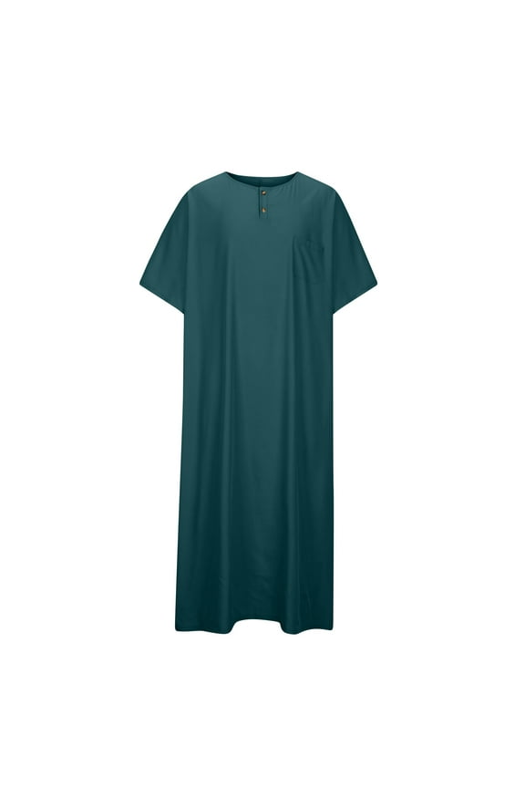 Mens Solid Color Muslim Clothes Short Sleeve Crew Neck Thobes Big and Tall Arab Thobe Islamic Abaya Dress Kaftan Robes Green XL