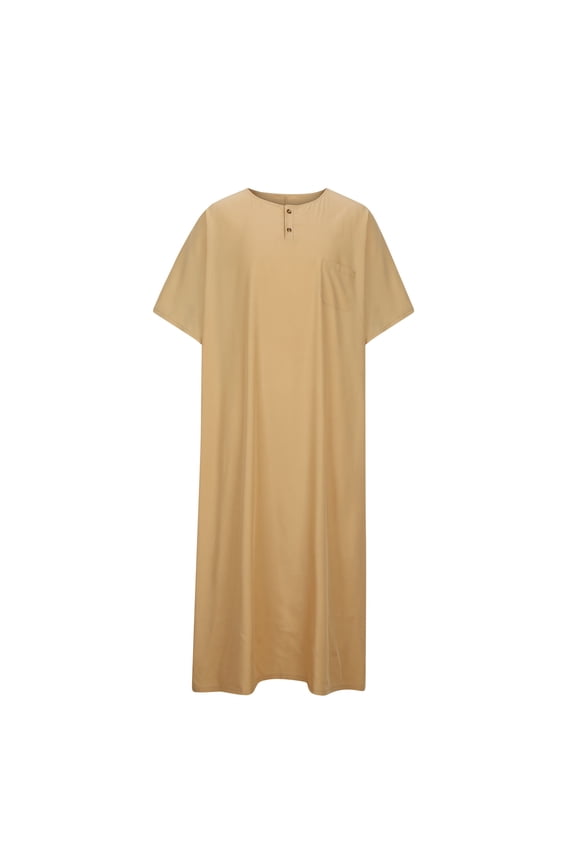 Mens Solid Color Muslim Clothes Short Sleeve Crew Neck Thobes Big and Tall Arab Thobe Islamic Abaya Dress Kaftan Robes Khaki L