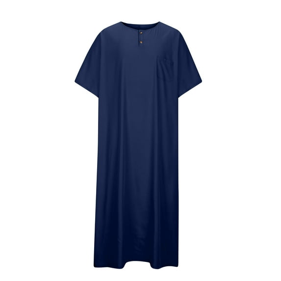 JUUYY Mens Solid Color Muslim Clothes Short Sleeve Crew Neck Thobes Big and Tall Arab Thobe Islamic Abaya Dress Kaftan Robes Navy M