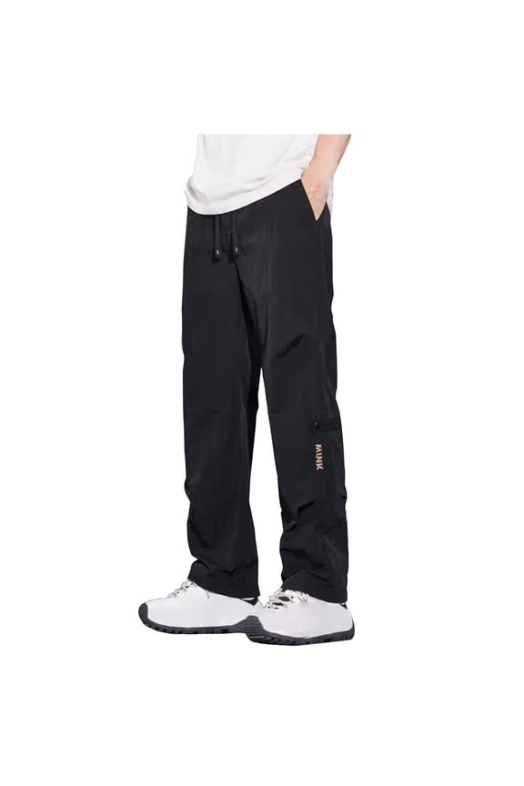 Mens Straight Pants Loose Lightweight Drawstring Pull On Pants Elastic Waist Relaxed Fit Breathable Casual Pants with Pockets Black L