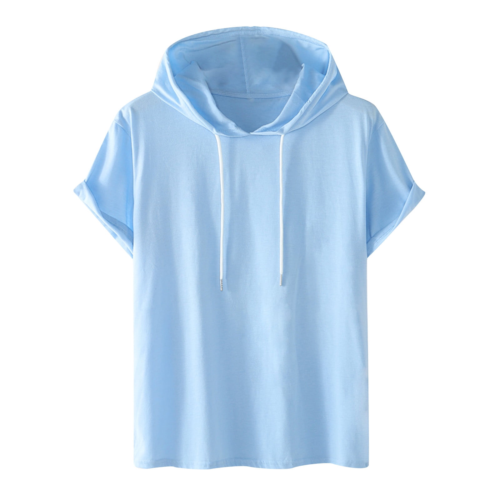 JUUYY Mens Summer Casual Solid Color Hooded Pullover Drawstring Short Sleeve Sports T-Shirt Blue L