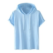 JUUYY Mens Summer Casual Solid Color Hooded Pullover Drawstring Short Sleeve Sports T-Shirt Blue L