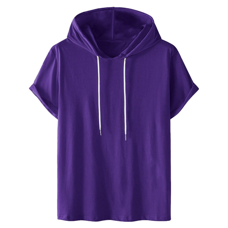 Juuyy Mens Summer Casual Solid Color Hooded Pullover Drawstring Short Sleeve Sports T Shirt Purple XXL Men s Size 2XL