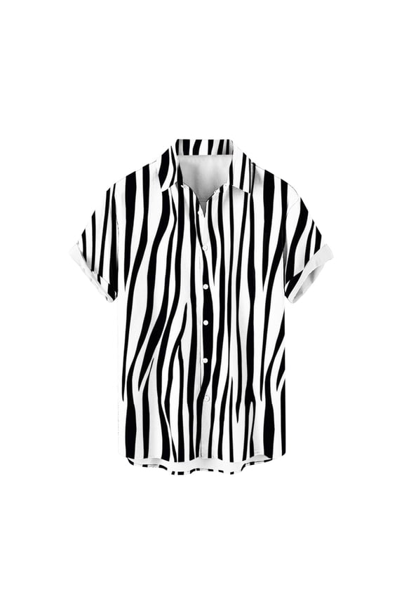 Mens Summer Casual inregular Zebra Stripe Printed Short Sleeve Shirts Button Up Lapel T Shirt White L